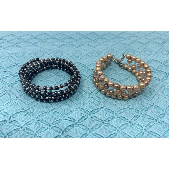 Set Of 2 Multi-Row Handcrafted Beaded Pearl Bracelets - Picture 2 of 6